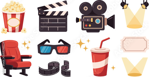 Fotografía cartoon cinema movie elements set popcorn clapperboard camera chair glasses drin