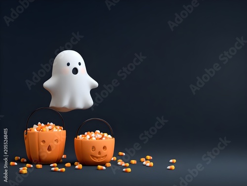 Halloween ghost decoration with pumpkins and autumn leaves