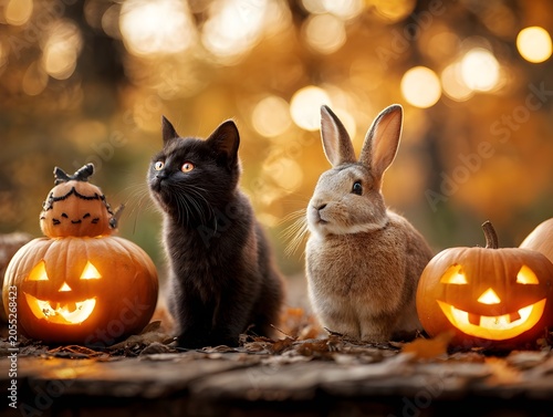 Two cute cats playing with pumpkins on autumn table