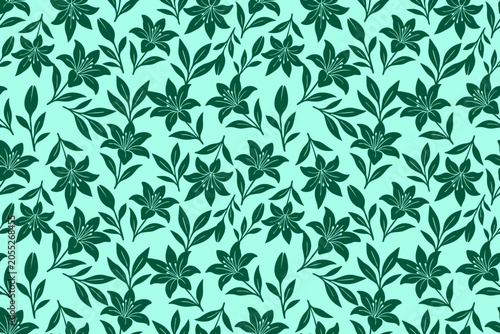 Elegant seamless botanical pattern featuring dark green floral motifs and leafy branches on a soft mint background, perfect for fabric, wallpaper, and decor.