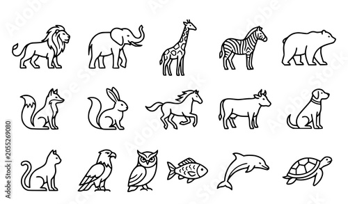 Photography Wild and Domestic Animal Outline Icons Collection for Educational Projects