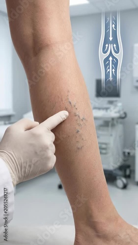 Vascular system assessment: varicose vein, vascular problem, patient leg, medical diagnosis, health concern, circulatory issue, human anatomy, prevent disease, consult doctor, provide care.