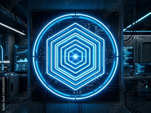 Glowing blue neon light hexagon shape in dark futuristic laboratory with technology equipment around