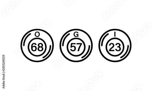 Three black and white line art bingo balls with letters O, G, I and numbers 68, 57, 23.