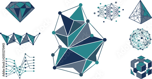 Bild auf Leinwand Abstract 3D geometric shapes with low poly crystal structures network data nodes