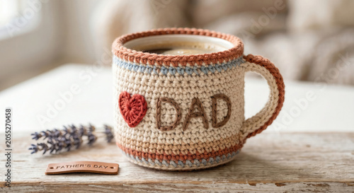 Dad mug photo for greeting poster with crochet cup heart lettering and cozy table decora