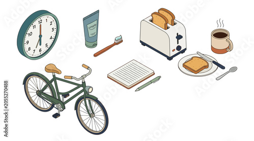 Morning Routine: Bicycle, Breakfast, Coffee, Toiletry, Clock, Notebook, Isometric View