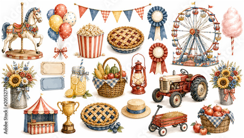 County Fair Summer Clipart Collection with Ferris Wheel, Tractor, Popcorn Pies, Lemonade Carnival, and Harvest Festival Elements