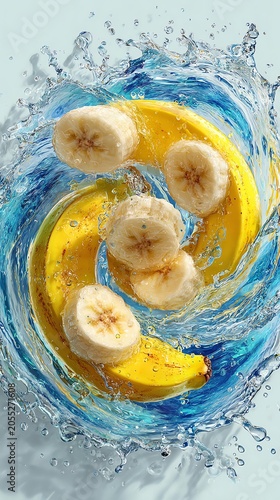 Refreshing bananas splash in water, capturing the essence of vitality and fruitfulness in a vibrant composition.