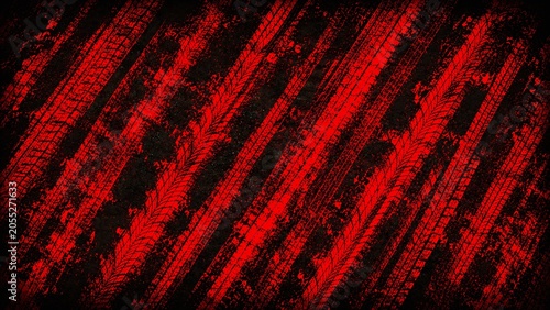Red tire track grunge background on dark asphalt texture