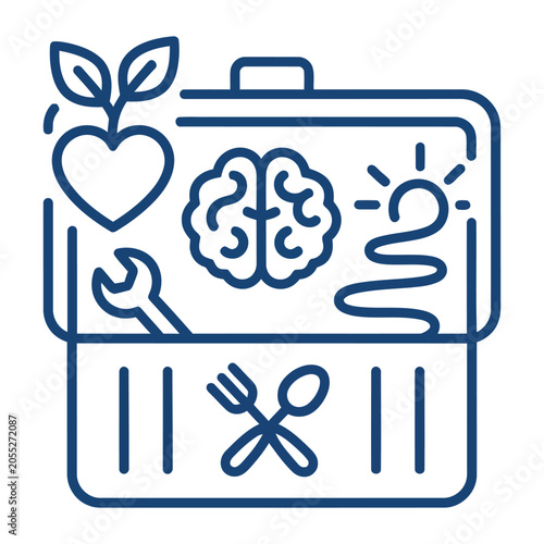 Mental health toolkit with brain heart and tools line art icon