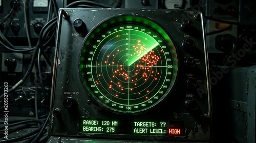 Electronic radar scanner displaying high alert status and target data with military technology navigation surveillance