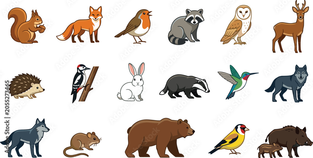 Obraz premium Cute Cartoon Vector Illustration Set Featuring Woodland Animals Like Squirrel, Fox, Raccoon, Owl, Deer, Hedgehog, Rabbit, Wolf, Bear, and Various Wild Birds