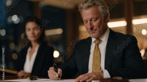 Senior vice president and outside legal counsel finalizing a merger contract signing in a glass-walled executive boardroom at dusk, notary public applying seal to last signature