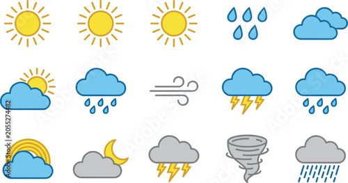Fotografi Weather Forecast Icon Set Featuring Sun, Clouds, Rain, Thunderstorm, Wind, and T