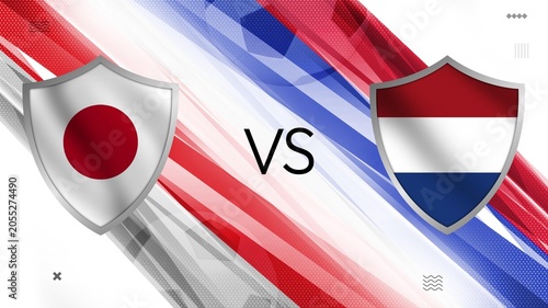 Tableau sur toile Soccer match preview Japan vs Netherlands with national flags shield design back