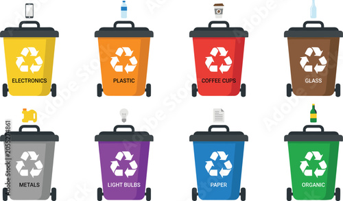 Konstfotografi Waste Segregation Recycling Bin Icon Set Featuring Sorting Containers for Electr