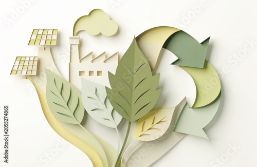 Paper cut style illustration of sustainability with solar panels and factory