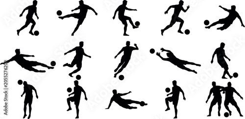 Картината върху платно Soccer Player Action Silhouettes Collection With Football Skills and Match Poses Vector Illustration Isolated on Transparent Background