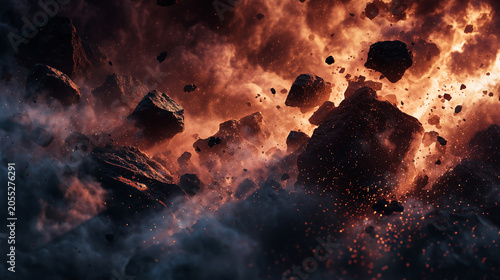 Cinematic elemental collision with exploding magma veins and floating rocks