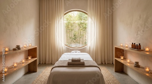 Luxury minimalist spa room with a massage table and a circular window overlooking a bamboo garden.