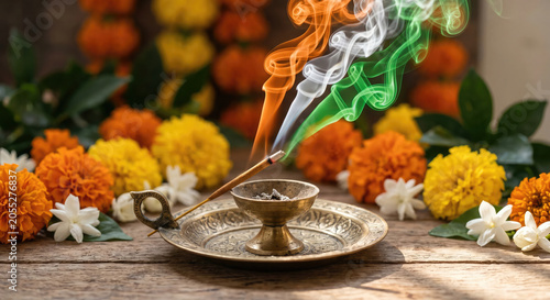 Diwali background for greeting banner with incense smoke marigold flowers and warm festive decora