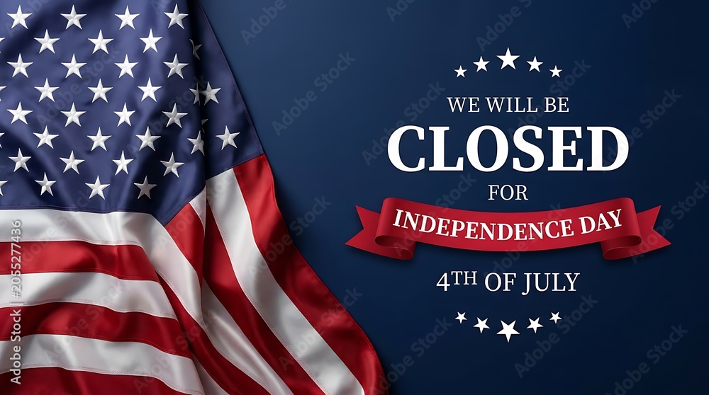Fototapeta premium Independence day holiday closure announcement graphic with american flag and text saying we will be closed for independence day fourth of july.
