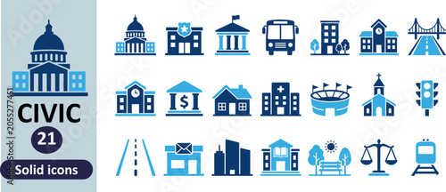 Foto Set of 21 civic and infrastructure public service icons with building infrastruc
