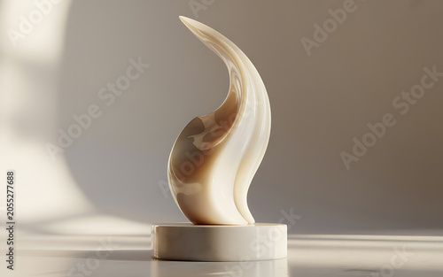 Abstract beige sculpture of a flame or wing on a pedestal isolated on a transparent background