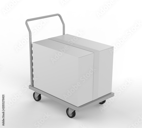 Delivery Box on Hand Truck Mockup, 3D render illustration of blank cardboard shipping boxes placed on a platform trolley. Clean white packaging cartons on a warehouse hand truck with wheels.