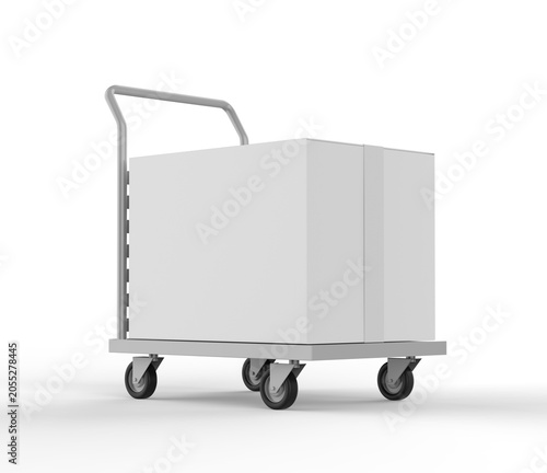 Delivery Box on Hand Truck Mockup, 3D render illustration of blank cardboard shipping boxes placed on a platform trolley. Clean white packaging cartons on a warehouse hand truck with wheels.