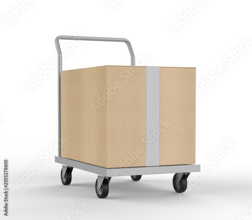 Delivery Box on Hand Truck Mockup, 3D render illustration of blank cardboard shipping boxes placed on a platform trolley. Clean white packaging cartons on a warehouse hand truck with wheels.