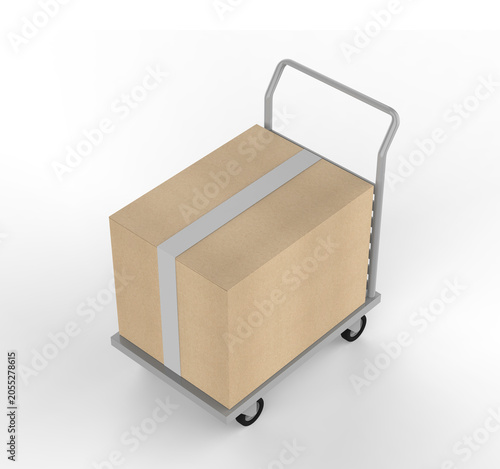 Delivery Box on Hand Truck Mockup, 3D render illustration of blank cardboard shipping boxes placed on a platform trolley. Clean white packaging cartons on a warehouse hand truck with wheels.