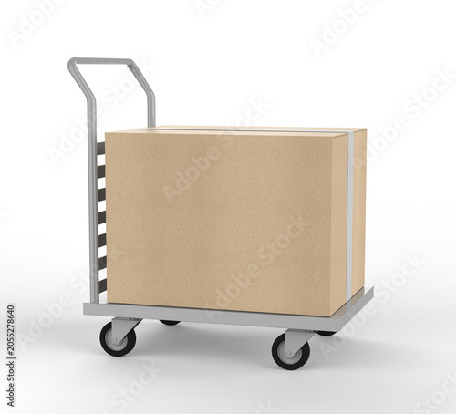 Delivery Box on Hand Truck Mockup, 3D render illustration of blank cardboard shipping boxes placed on a platform trolley. Clean white packaging cartons on a warehouse hand truck with wheels.
