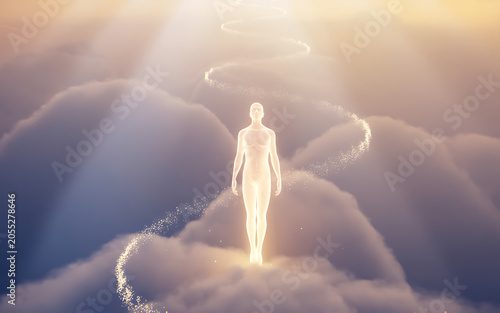 Glowing human figure ascending on a path of light above clouds isolated on a transparent background