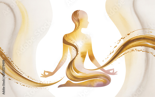 Golden silhouette of a woman meditating with inner light isolated on a transparent background