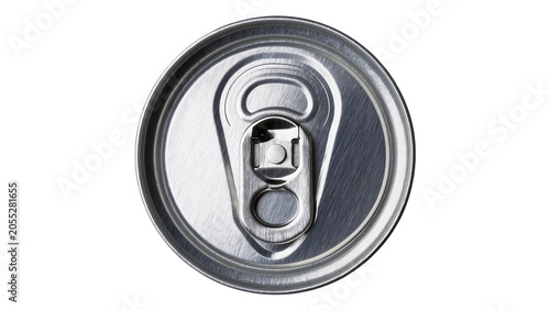 Isolated close-up top view of shiny metallic aluminum beverage can with unactivated pull tab