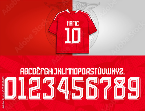 Vector athletic numbering set with angular geometric construction and layered inline details. Decorative alphabet and digits created for sportswear graphics, apparel projects and print
