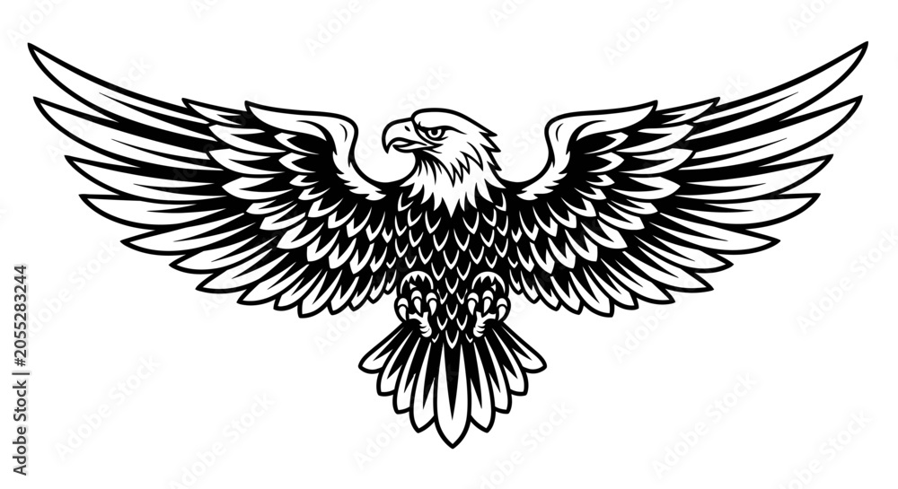 Obraz premium Eagle Silhouette, Flying Majestic Bird of Prey, Tribal Tattoo Style