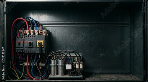 Industrial electrical distribution panel with circuit breakers and capacitors inside a black metallic enclosure box for power control