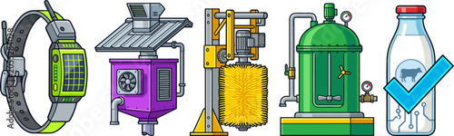 Smart Dairy Farming Technology Vector Icon Set Featuring Livestock GPS Collar Automated Cow Brush Milk Pasteurization Tank and Digital Quality Control Bottle