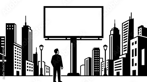 Obraz na plátně A man standing and looking up at a blank billboard in the city.