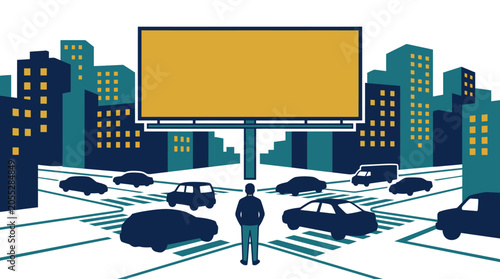 Obraz na plátne A man standing at a busy city intersection looking at a large blank billboard