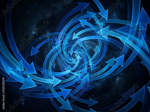 Swirling blue arrows create a dynamic spiral pattern in dark space