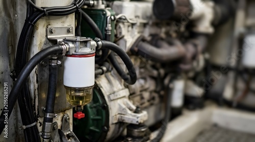 marine fuel water separator installed in boat engine compartment for vessel reliability maintenance and engine protection with copy space