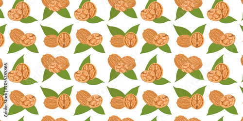 Seamless Pattern Walnut Whole Half and Kernel Collection With Leaves