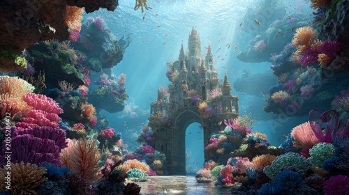 A majestic castle submerged in a vibrant coral reef, with sunlight filtering through the ocean, teeming with fish