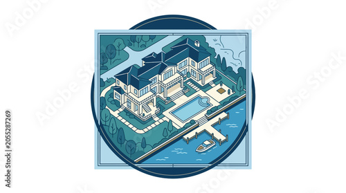 Isometric view of a luxurious waterfront estate with pool and dock.