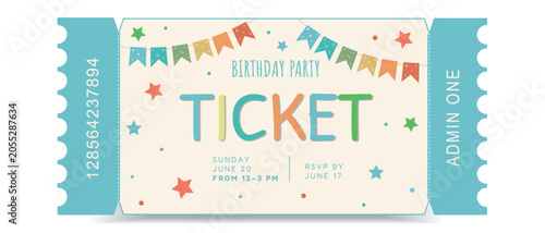 Foto Children's birthday ticket template with garlands and stars