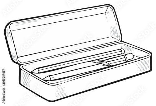 Open pencil box with pen and pencil illustration